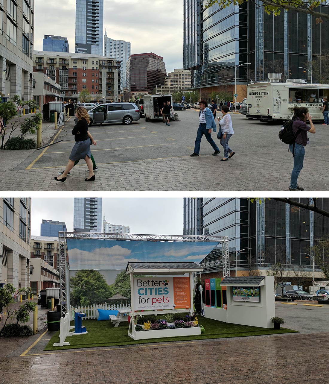 Austin before and after adding a pop-up park for city pets