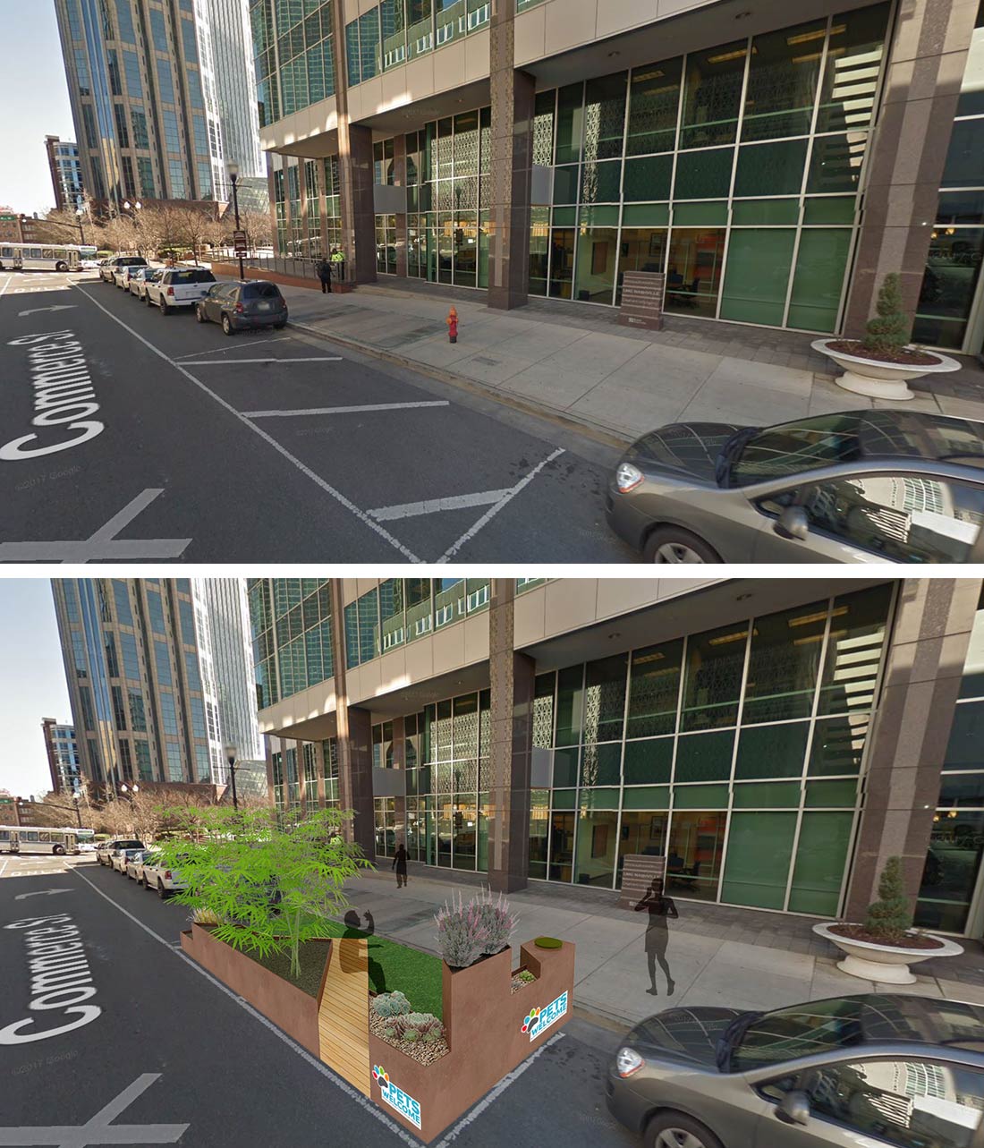 street before and after adding a parklet 