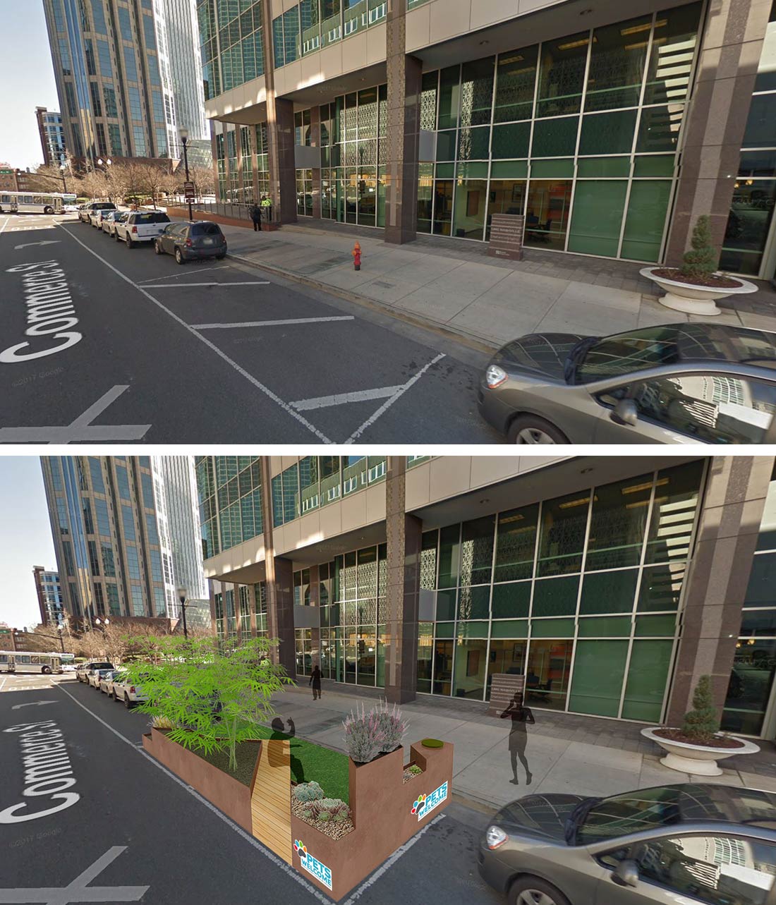 street before and after adding a parklet