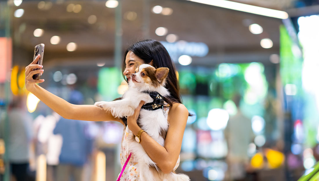 A person stands in a busy shopping area holding a dog and taking a selfie.
