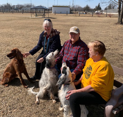 Three people and dogs sitting on a bench at the dog park