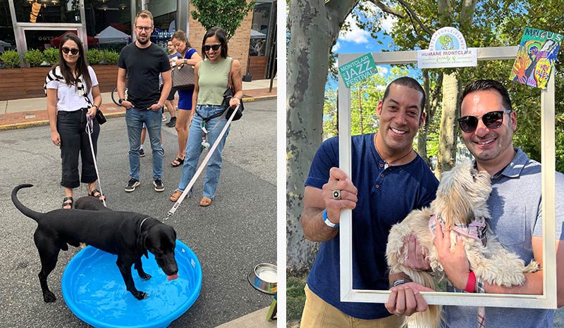 Two photos are presented side by side. On the left people with stand with their dogs by a kiddie pool where the dogs are cooling off. On the right, two people pose with a dog inside a frame celebrating the Montclair Jazz Festival.