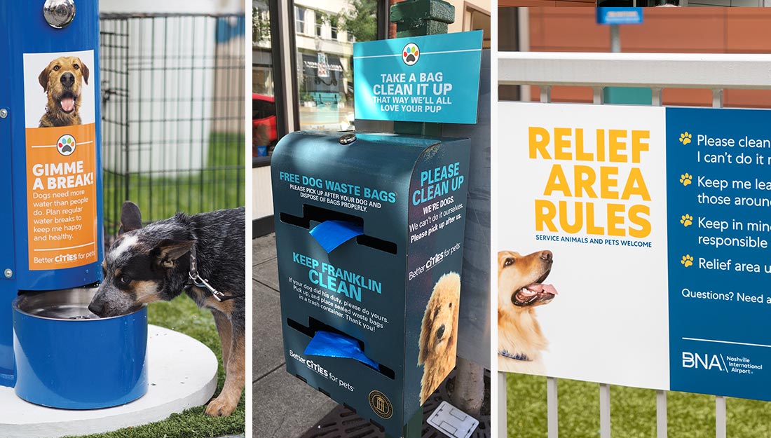 Three photos side-by-side show responsible pet ownership messaging on a dog drinking fountain, a waste bag dispenser, and a pet relief area rules sign.