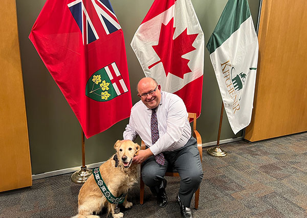 Le maire de Kitchener, Berry Vrbanovic, pose dans la salle du conseil avec Angus, un golden retriever.