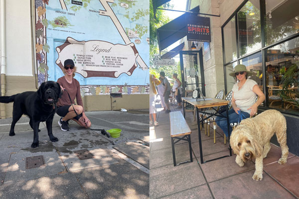 Des gens posent avec leurs animaux de compagnie devant des lieux acceptant les animaux à Sonoma