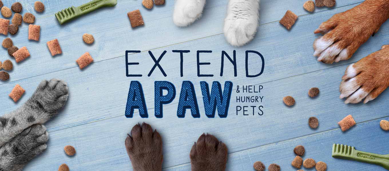 Le logo Extend a Paw - qui dit "Extend a Paw & Help Hungry Pets" - est écrit sur un fond en bois