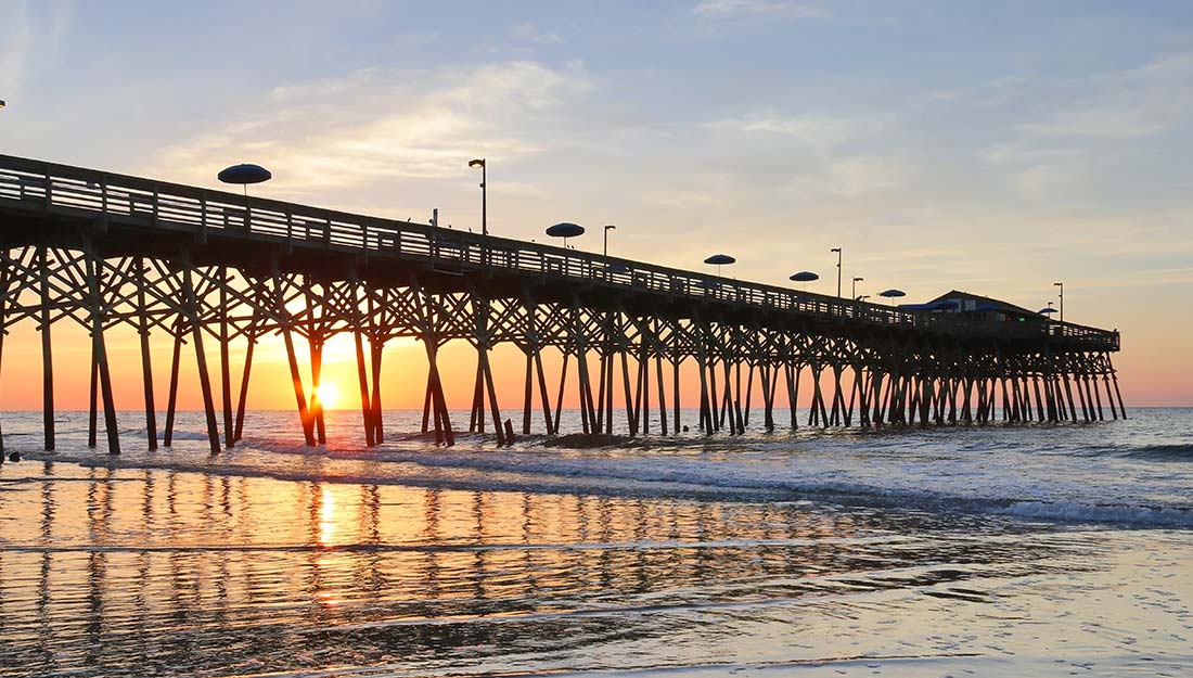A wooden pier over the water in the Myrtle Beach area