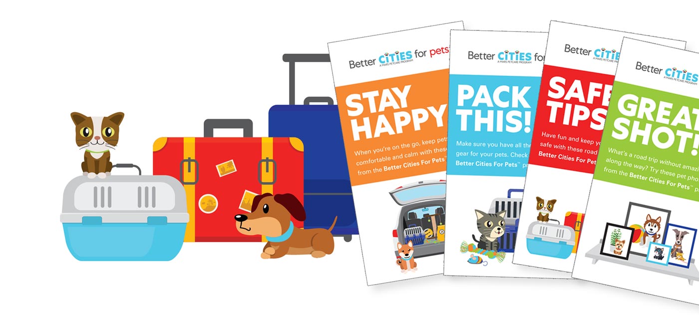 illustration of packed car and 4 travel booklets||cover of booklet about taking pictures of pets|cover of booklet of what to pack for travel with pets|cover of booklet about safe travel tips for pets|cover of booklet about keeping pets happy during travel|cover of booklet of what to pack for travel with pets