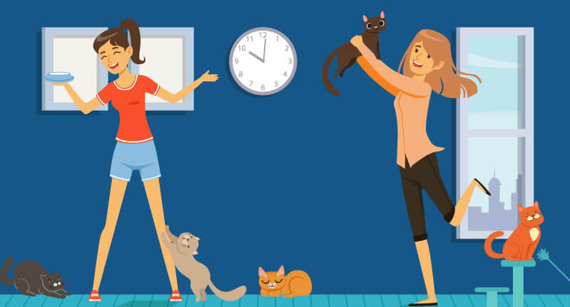 Illustrated image of two women and their cats