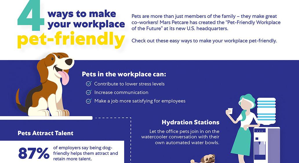 Partie supérieure de l'infographie sur les lieux de travail acceptant les animaux domestiques.|Infographie avec des idées telles que des stations d'hydratation et des attaches sécurisées aux bureaux.