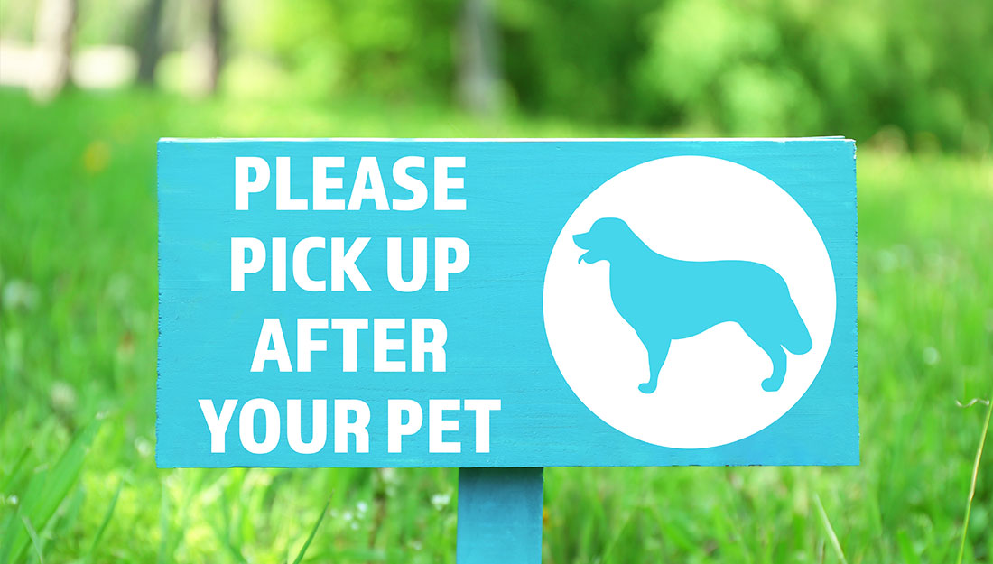 un panneau dans une cour qui dit "veuillez ramasser après votre animal de compagnie"