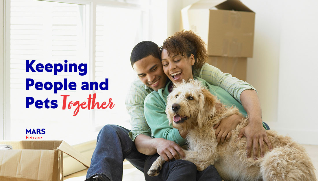 man and woman with dog surrounded by moving boxes